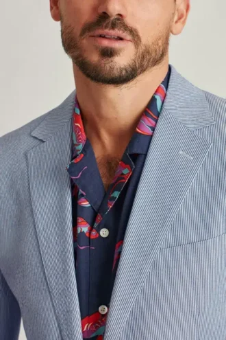 Giacca da completo in seersucker elasticizzato italiano – Giacca da completo bianca e blu navy