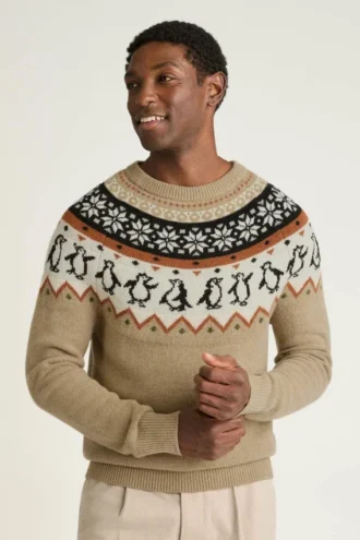 Maglione da uomo per le feste di Bonobos | Maglia festosa con motivo Fair Isle a pinguini